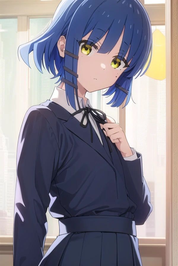 ryouyamada, <lora:ryou yamada s1-lora-nochekaiser:1>,
ryou yamada, blue hair, eyes visible through hair, mole, mole under eye, short hair, (yellow eyes:1.3), hairclips,
BREAK black pantyhose, black ribbon, blue skirt, brown footwear, loafers, long sleeves, pantyhose, ribbon, school uniform, shimokitazawa high school uniform, shirt, shoes, skirt, white shirt,
BREAK indoors, classroom,
BREAK looking at viewer, (cowboy shot:1.5),
BREAK <lyco:GoodHands-beta2:1>, (masterpiece:1.2), best quality, high resolution, unity 8k wallpaper, (illustration:0.8), (beautiful detailed eyes:1.6), extremely detailed face, perfect lighting, extremely detailed CG, (perfect hands, perfect anatomy),