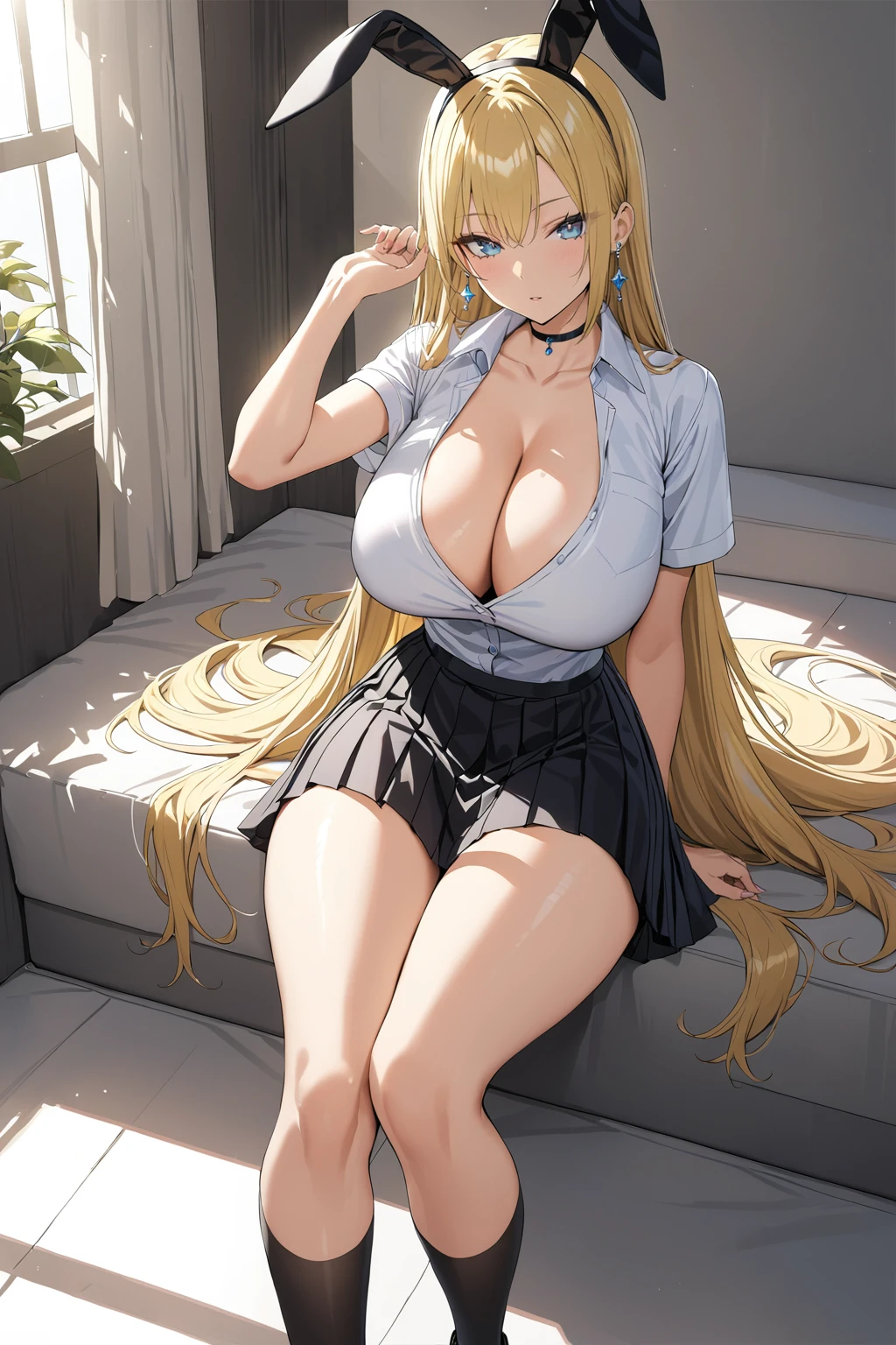 extremely detailed fine touch, natural light, sun light, light rays, dappled light, reflection, shadows, ray tracing, masterpiece, best quality, highly detailed,
<lora:rena(sdxl):0.4> rena, 1girl, blue-gray eyes, very long hair, blonde hair, large breasts, jewelry, looking at viewer, 1girl, animal ears, arm up, black legwear, black skirt, blonde hair, blue eyes, breasts, choker, cleavage, collarbone, earrings, fake animal ears, huge breasts, jewelry, long hair, pleated skirt, rabbit ears, shirt, shoes, sitting, skirt, socks, solo, very long hair