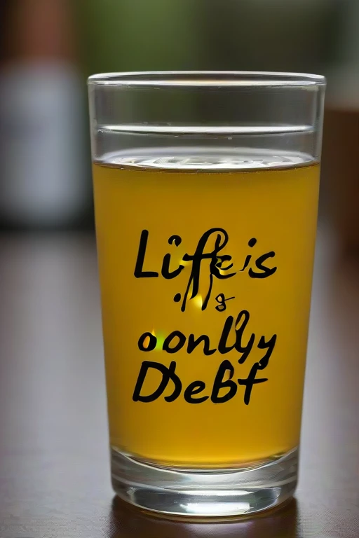 a shot of cachaça with the words "life is not only debt" written in the glass