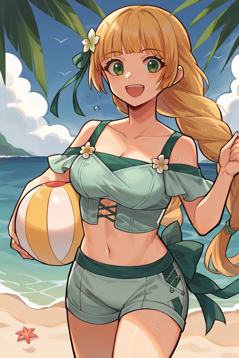 score_9, score_8_up, source_anime, 1girl, solo <lora:ingrid-pdxl-nvwls-v1-000007:0.9> sumingrid, bangs, hair flower, hair ornament, braided ponytail, cleavage, green bikini, off-shoulder, green shorts, green bow, beach, partially submerged, holding beach ball, open mouth, smile, looking at viewer, happy