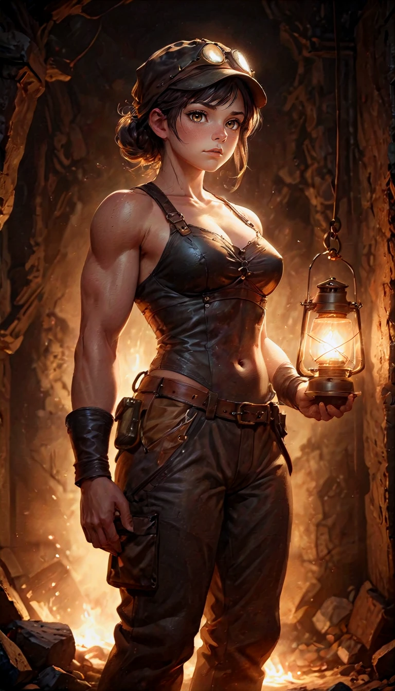 Female coal miner in the 19th century, down in a deep dark mine, a fusion of strength and grace, shadow as a coal miner in the backdrop, holding a lantern, captured in sepia tone, chubby muscular frame, textures of leather and delicate fabric contrasting, soft focus, warm natural light, high contrast, ultra realistic., intense light, catchlight, chiaroscuro