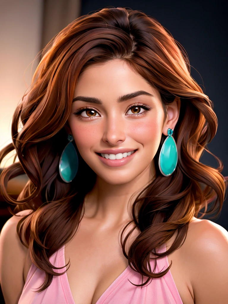 A beautiful s4r4hs woman, 1girl,solo,long hair,looking at viewer,smile,brown hair,brown eyes,jewelry,earrings,teeth,mole,grin,lips,portrait,realistic,soft lighting, professional Photography, Photorealistic, detailed, RAW, analog, sharp focus, 8k, HD, high quality, masterpiece<lora:s4r4hs:1.0>