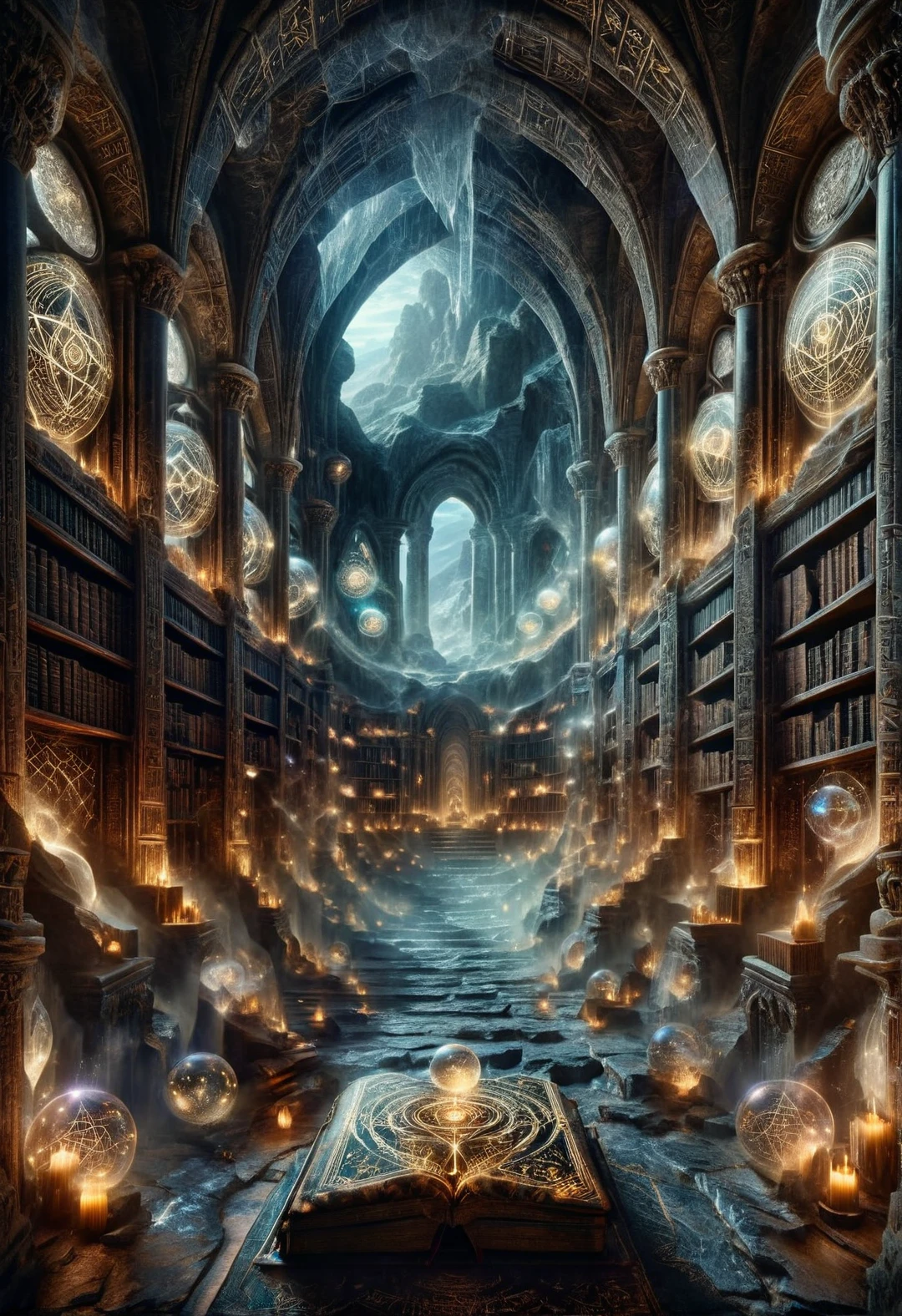 ais-rcn, a grand library carved into the heart of an ancient mountain, its shelves brimming with forbidden tomes and scrolls, illuminated by ethereal glowing orbs floating in the air <lora:ais-rcn-sdxl:1>, cinematic