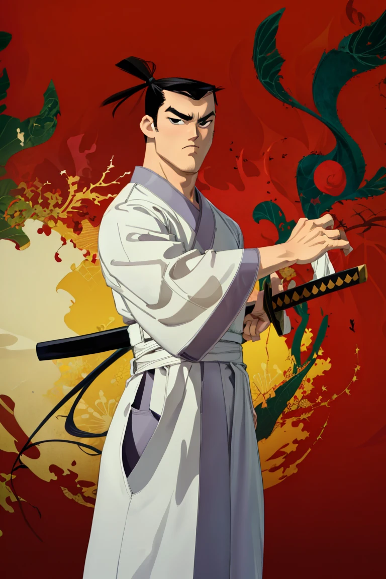 (1 image only),  solo male,  Samurai Jack,  Cartoon Network style,  Asian,  Japanese,  black hair,  short topknot,  black eyes,  geta,  white kimono,  white sashes,  wide sleeves,  mature,  handsome,  charming,  alluring,  uperfect anatomy,  perfect proportions,  (best quality,  masterpiece),  perfect hands,  high_resolution,  dutch angle,  cowboy shot,  fine art,  (2d,  flat),  (single placket),  fighting_stance,  holding sword,  battoujutsu,<lora:EMS-301679-EMS:0.700000>,<lora:EMS-278047-EMS:1.000000>,<lora:EMS-179-EMS:0.600000>