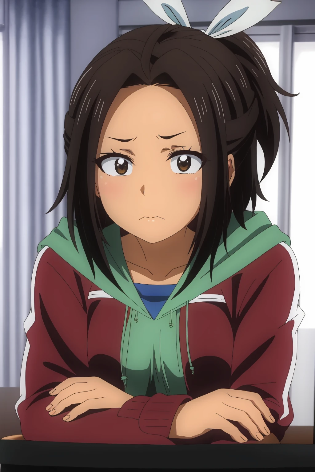 ((best quality)),((highly detailed)),masterpiece,absurdres,detailed face,beautiful face,(detailed eyes, deep eyes),1girl,((dynamic pose)) , <lora:HikariV1:0.8>Hikari, solo, brown hair, dark skin, hoodie, hood, brown eyes, dark-skinned female, short hair, jacket, looking at viewer, ribbon, hair ribbon, ponytail, frown, track jacket, hair bow, bow, hood down, forehead, white ribbon, collarbone, indoors, long sleeves