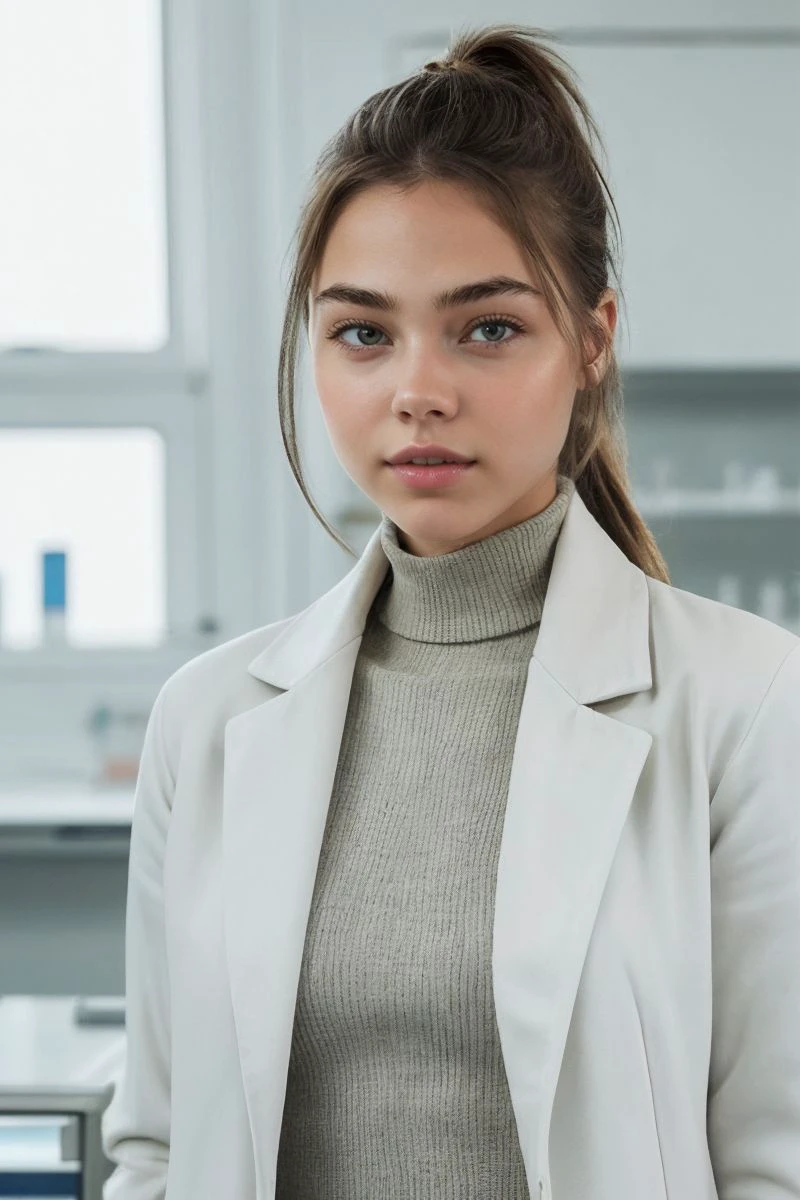 photo of S329_DaryaYanchik,a stylish woman,in a (laboratory:1.1),wearing a (white-coat:1.1),(ponytail),(4k, RAW photo, best quality, depth of field, ultra high res:1.1),(absurdres, intricate, photorealistic, masterpiece, ultra-detailed:1.1),