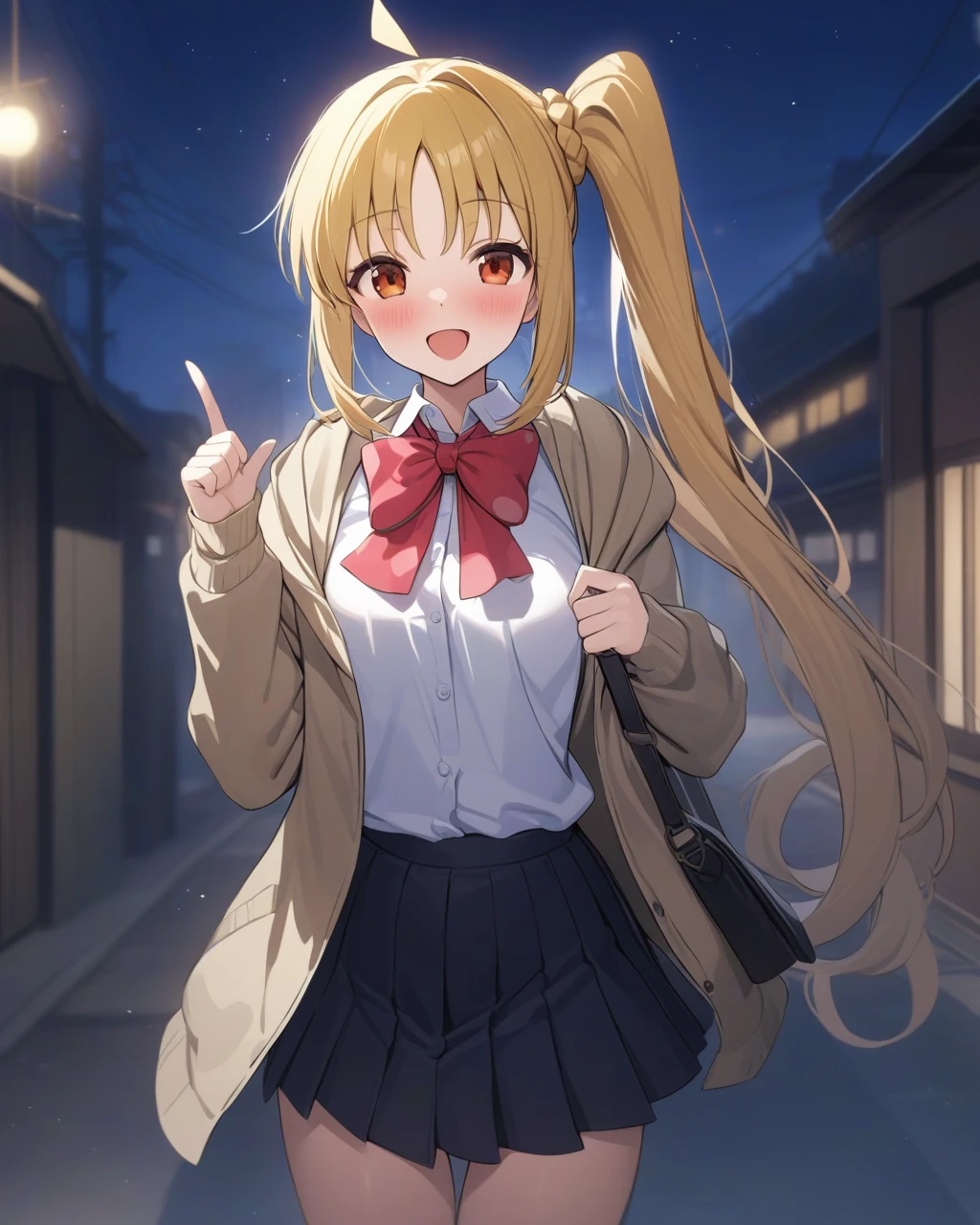 masterpiece,best qualitygame cg,<lora:ijichi_nijika:1>,red_bow,bowtie,light,side_ponytail,smile,bow,1girl,hooded_jacket,light_particles,open_clothes,white_shirt,jacket,outdoors,solo,collared_shirt,hood,bocchi_the_rock!,skirt,blush,pleated_skirt,cowboy_shot,open_jacket,sidelocks,night,ijichi_nijika,ahoge,shirt,open_mouth,index_finger_raised,