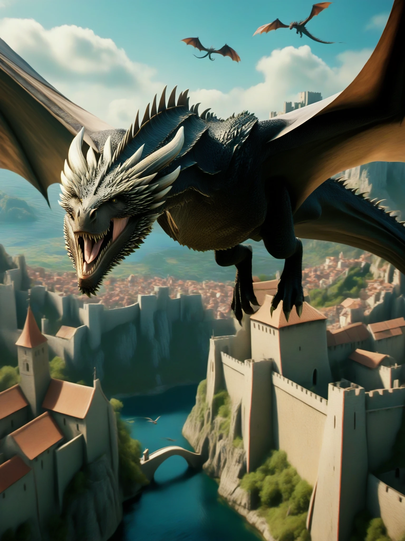 cinematic film still CG Dragon,describe this image in a very detailed manner. a dragon with a spiky,townlet,dark-colored body and sharp,pointed wings soars over a town,its mouth agape in a roar. the town below is a tapestry of red roofs and gray stone buildings,with a river winding through the landscape. the dragon's presence is a stark contrast to the tranquil,pastoral setting,evoking a sense of adventure and the unknown.,<lora:CG Dragon World-000009:1>, . shallow depth of field, vignette, highly detailed, high budget, bokeh, cinemascope, moody, epic, gorgeous, film grain, grainy