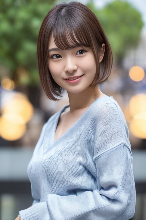 1girl, (blue v-neck sweater:1.6),(RAW photo, best quality:1.4), (realistic, photo-realistic:1.4), masterpiece, an extremely delicate and beautiful, extremely detailed, 2k wallpaper, Amazing, finely detail, extremely detailed CG unity 8k wallpaper, ultra-detailed, highres, soft light, beautiful detailed girl, extremely detailed eyes and face, beautiful detailed nose, beautiful detailed eyes,cinematic lighting,(blurry,bokeh backgound:2.0),(in shopping mall:1.8),perfect anatomy,(slender body:1.0),(close up face,focus face:1.4),(smile,Friendly, warm:2.0),(looking at viewer:1.8),(young japanese idol:1.8),(wavy short brown hair:1.8), (brown eyes:1.8),(standing:1.6), <lora:shirakinao_lora-11:0.8>