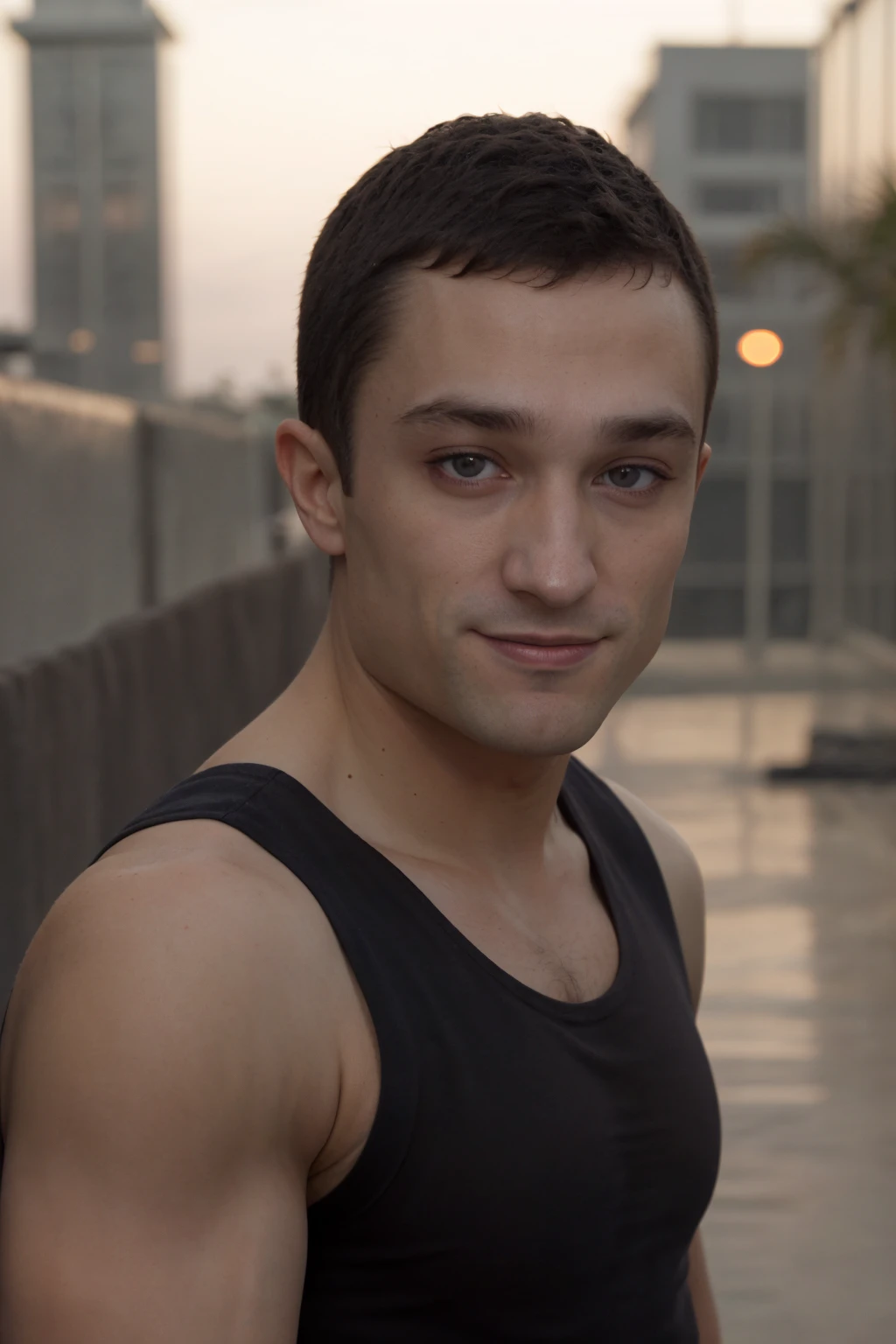 close-up shot, headshot <lora:sc_walker-04:1>, photo of sc_walker, smirk, wearing black tank top, blurred industrial background, soft diffused light, golden hour, overcast