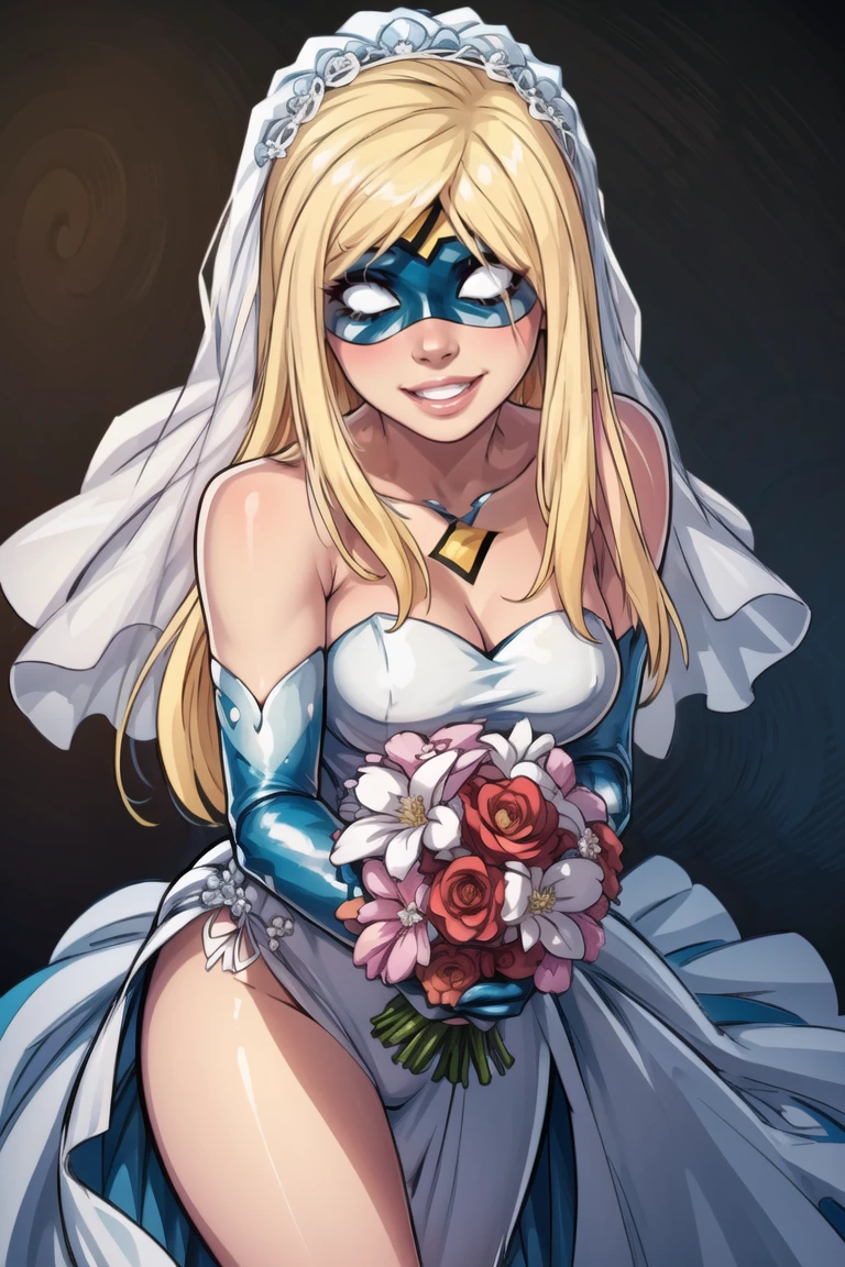 ((masterpiece,best quality)), absurdres, <lora:Empowered:0.8>, Empowered, smile,  long hair, gloves, lips,  mask, domino mask, cowboy shot  bride, wedding dress, bridal veil, strapless dress, elbow gloves,  holding bouquet,