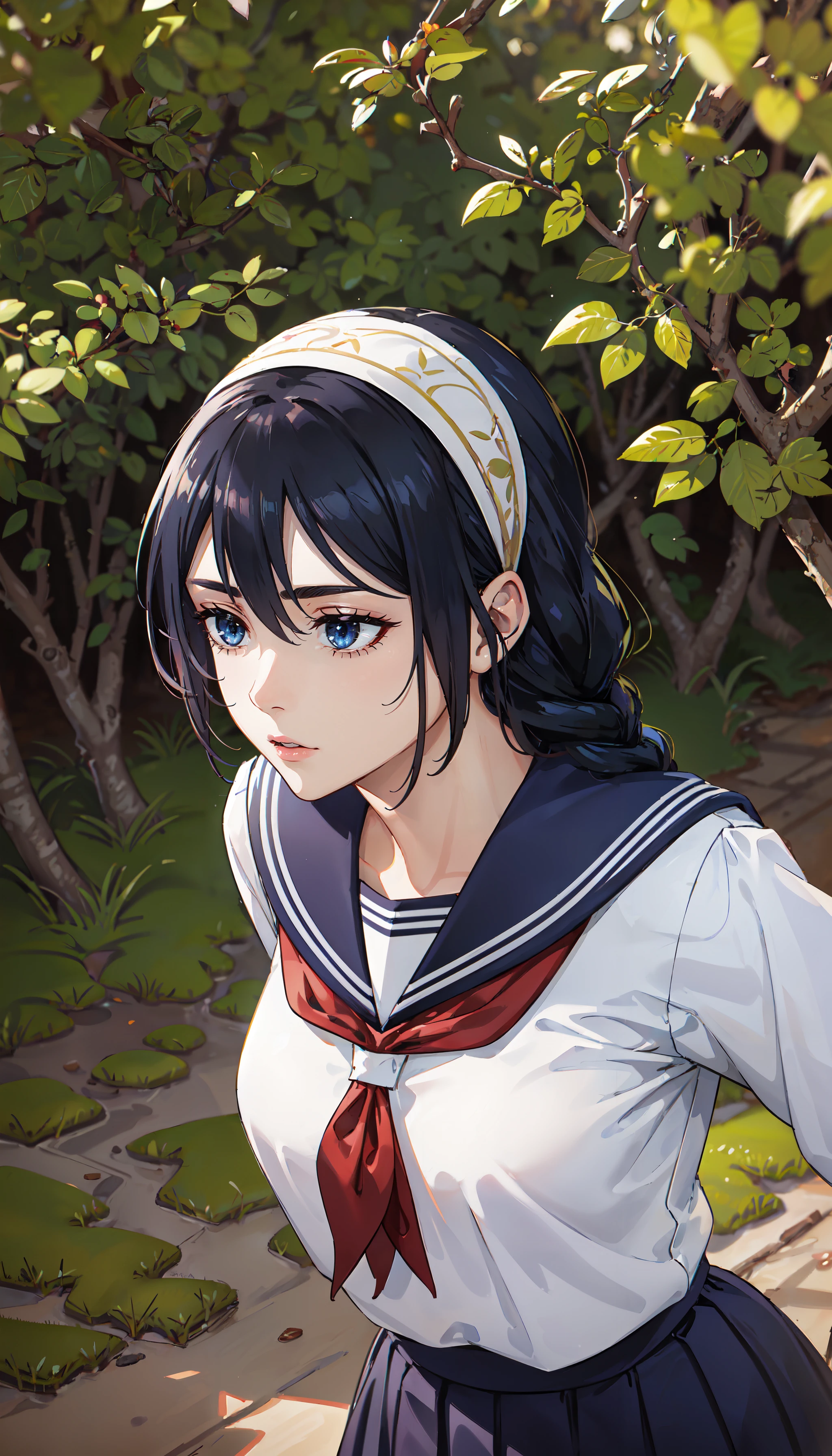 photorealistic, (4k), depth of field, (Masterpiece), (realistic skin texture), extremely detailed, intricate, hyper detailed, professional photography, bokeh, high resolution, sharp detail, best quality, girl, blue hair, single braid, blue eyes, school uniform, serafuku, white hairband, blue pleaded skirt, pantyhose, <lora:GoodHands-beta2:0.4>, <lora:detail_slider_v4:0.8> , dynamic pose, (thoughtful pose), <lora:Riko Amanai-000004:0.6> , outdoors, forest, vegetation, vines, mossy path,