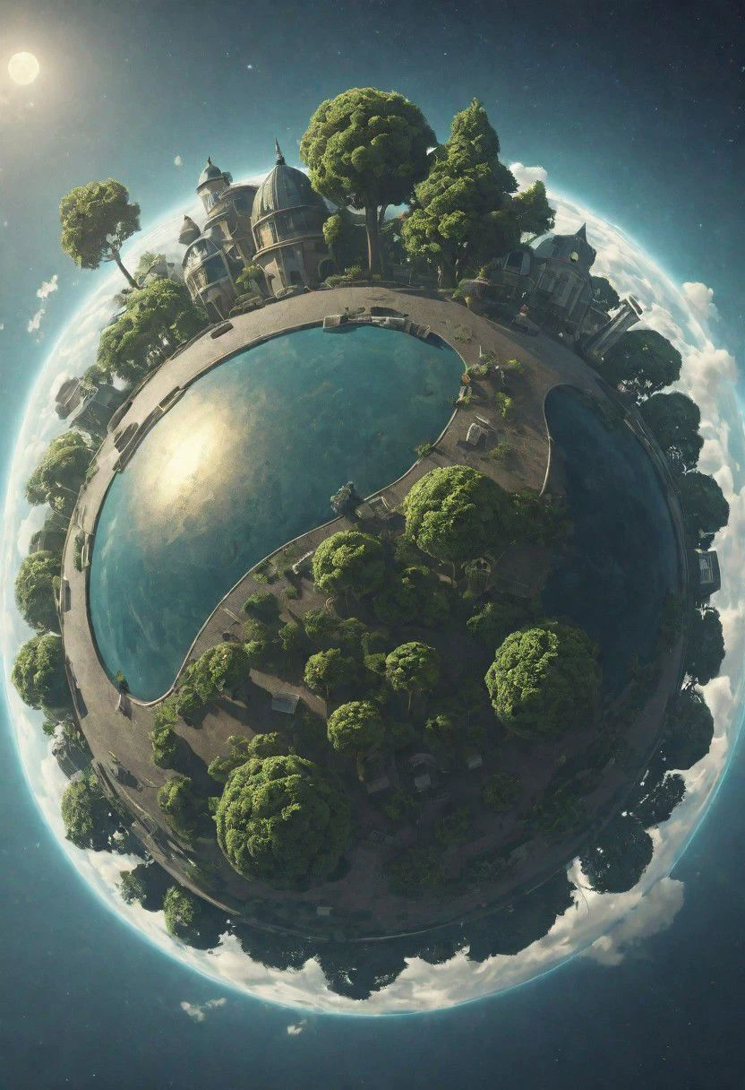 king kais small floating planet with some trees and a street around it