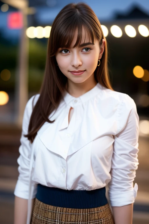 1girl,(RAW photo, best quality), (realistic, photo-realistic:1.4), masterpiece, an extremely delicate and beautiful, extremely detailed, 2k wallpaper, Amazing, finely detail, extremely detailed CG unity 8k wallpaper, ultra-detailed, highres, soft light, beautiful detailed girl, extremely detailed eyes and face, beautiful detailed nose, beautiful detailed eyes,cinematic lighting,perfect anatomy,slender body,smiling 
city lights at night,at a train station in tokyo,(bokeh)
wearing blouse and skirt
 <lora:arashilina_lora:0.8>