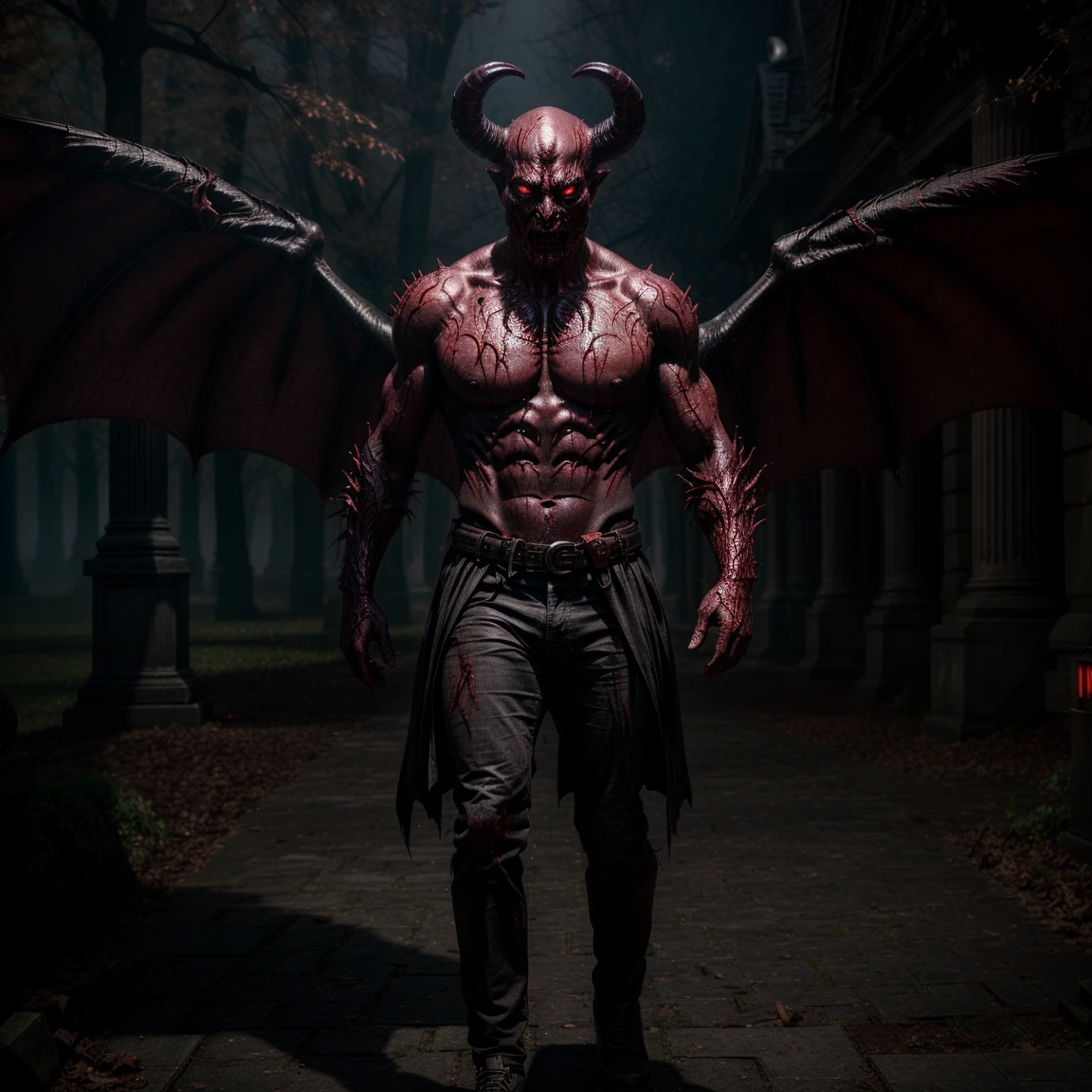 A humanoid gargoyle, with bloodshot red eyes, muscular body, and skin covered in wounds and scars, demon wings, standing in a dark and bloodied place. (best quality, 4k, highres, masterpiece:1.2), ultra-detailed, (realistic:1.37) (illustration, painting), horror, vivid colors, dark atmosphere, menacing presence, grotesque features, eerie lighting, gothic style