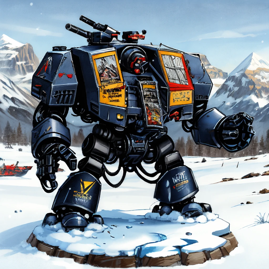 red, drdnght, robot, science fiction, gun, missile pod, arm cannon, pulp_comic, heavy_lines, hand_drawn, hand_inked, hand_colored, ice, snow, glacier, blizzard, snow,