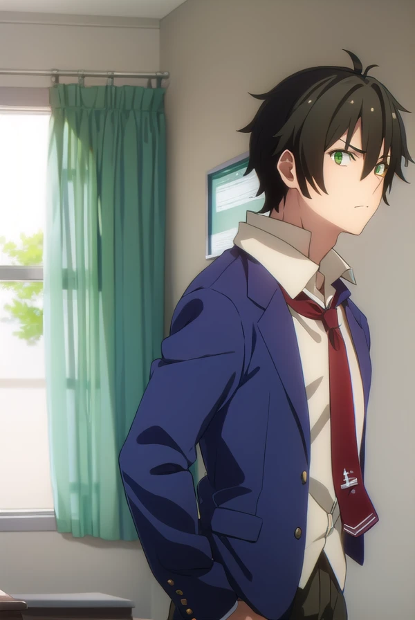 fudounomura, <lora:fudou nomura s1-lora-nochekaiser:1>,
fudou nomura, black hair, male focus, (green eyes:1.3), 
BREAK school uniform, jacket, necktie, pants, blazer, red necktie, shirt, white shirt, collared shirt,
BREAK indoors, classroom,
BREAK looking at viewer, (cowboy shot:1.5),
BREAK <lyco:GoodHands-beta2:1>, (masterpiece:1.2), best quality, high resolution, unity 8k wallpaper, (illustration:0.8), (beautiful detailed eyes:1.6), extremely detailed face, perfect lighting, extremely detailed CG, (perfect hands, perfect anatomy),