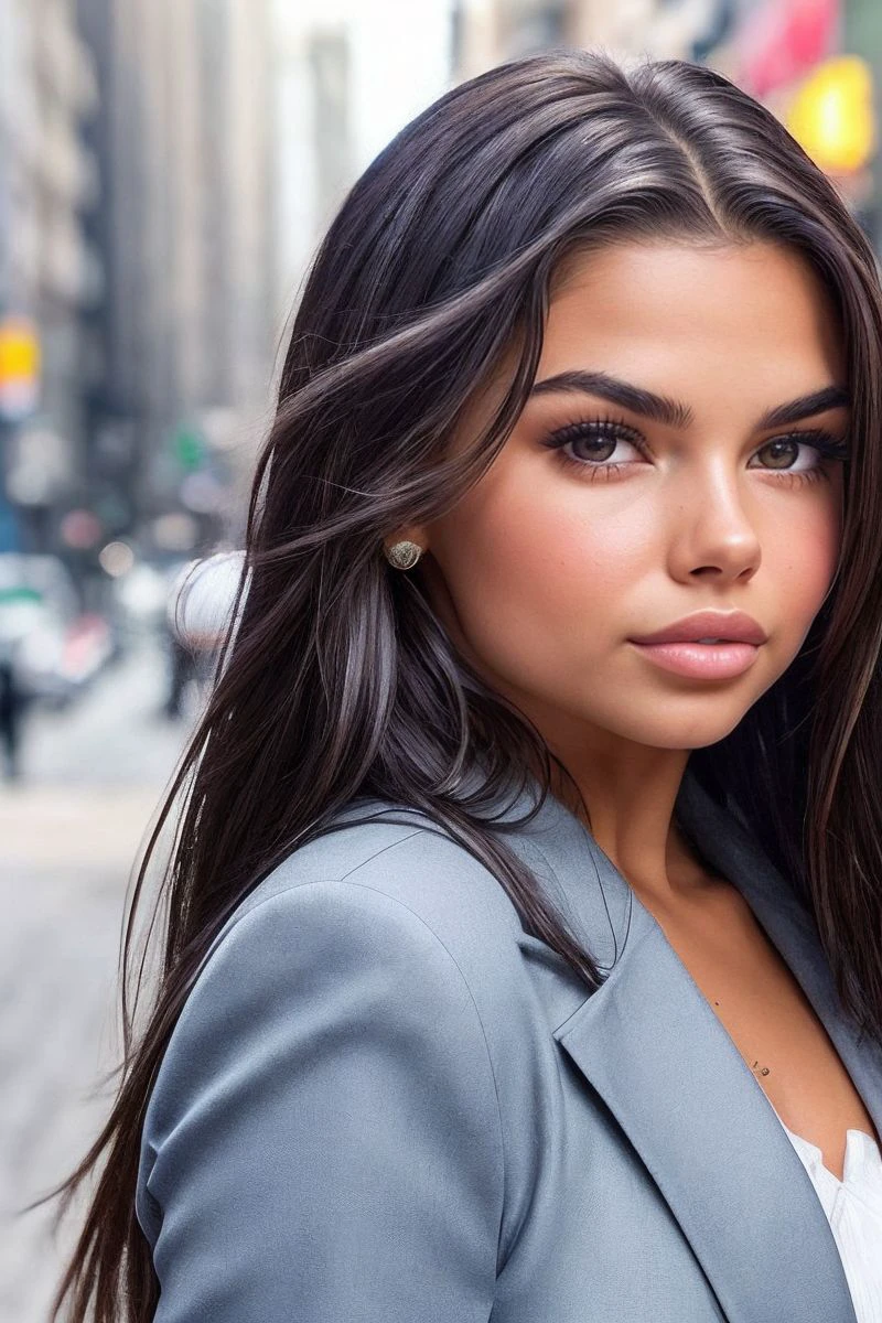 closeup headshot of S328_VickyPalacio,a beautiful woman,in a (city:1.1),wearing a (vibrant-blazer:1.1),(braid),(4k, RAW photo, best quality, depth of field, ultra high res:1.1),(absurdres, intricate, photorealistic, masterpiece, ultra-detailed:1.1),