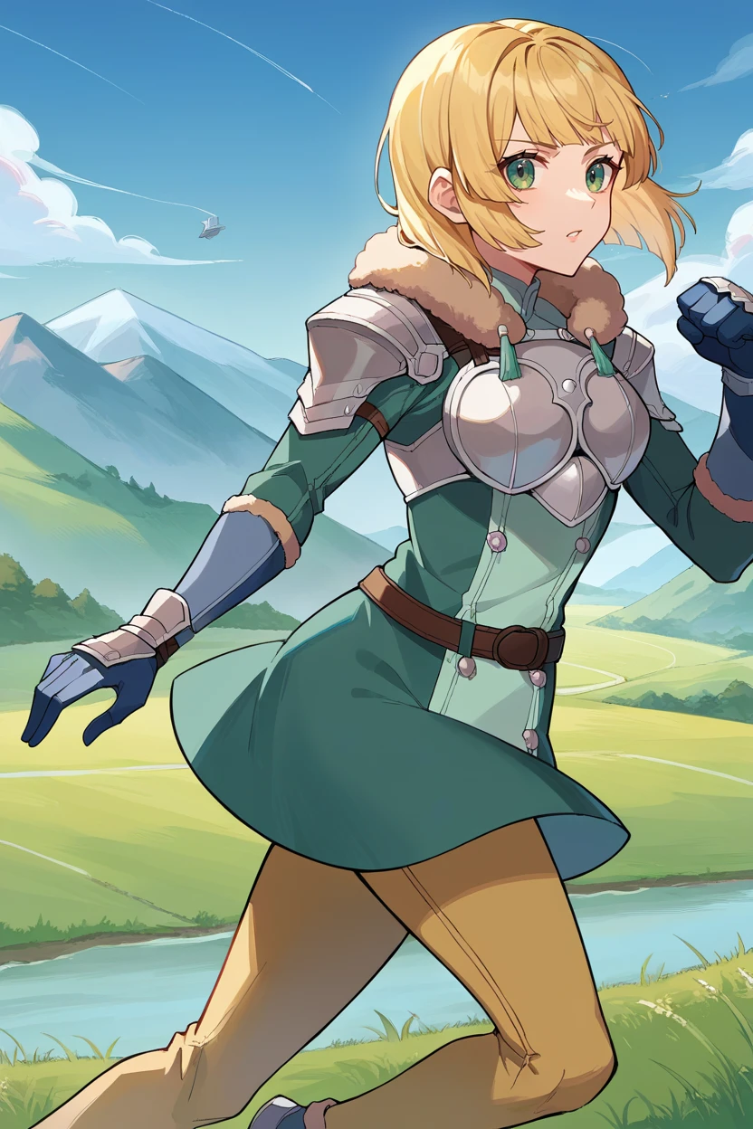 score_9, score_8_up, source_anime, 1girl, solo <lora:ingrid-pdxl-nvwls-v1-000007:0.9> hopesingrid, medium hair, bob cut, bangs, shoulder armor, breastplate, green coat, fur trim, gauntlets, blue gloves, belt, green skirt, brown pants, mountain, stream, field, blue sky, looking at viewer, running, from side