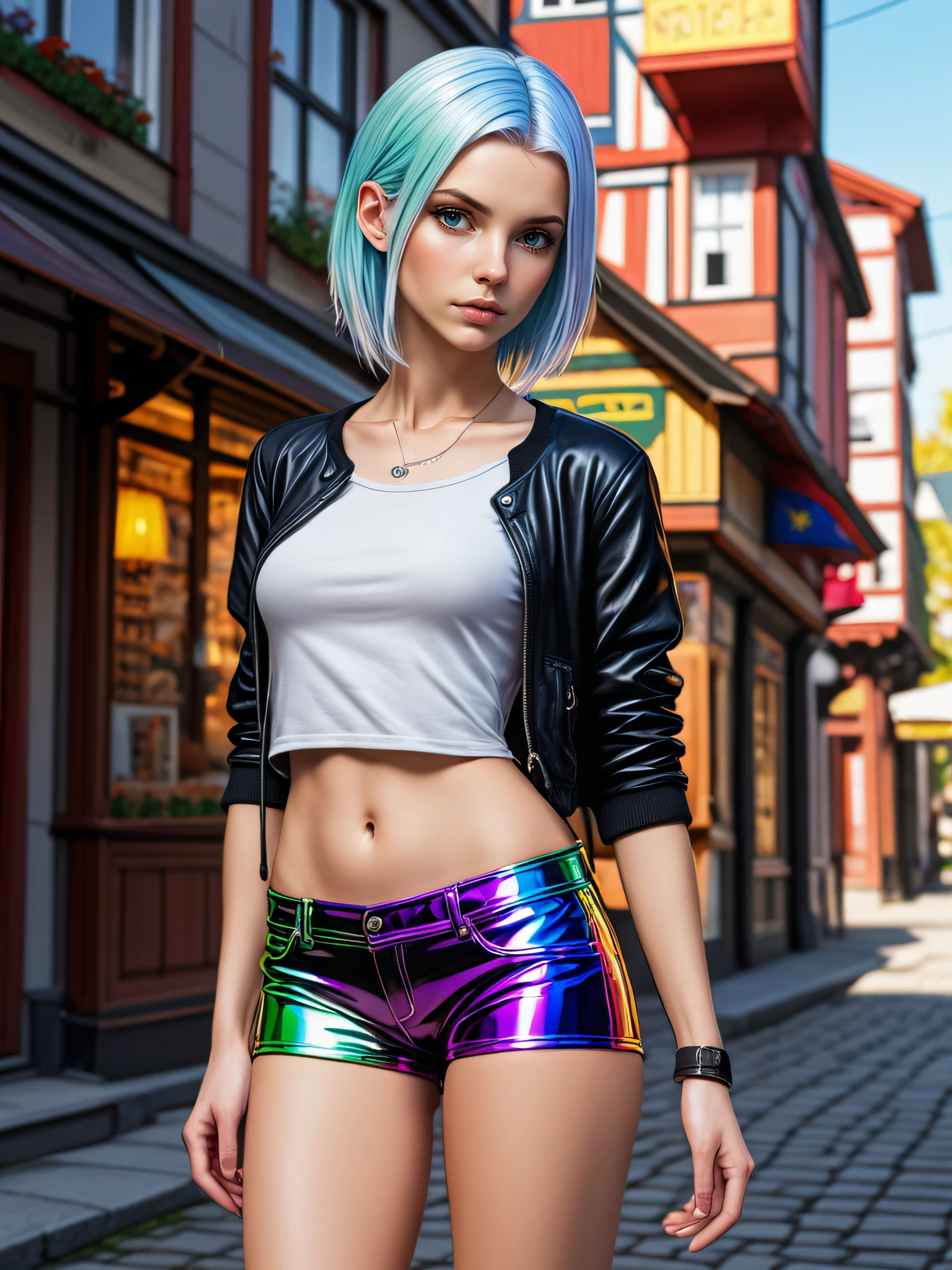 intricately detailed rpg style art of, a beautiful slim skinny northern European female with 2 colored hair wearing shiny vinyl low rise mini box shorts,