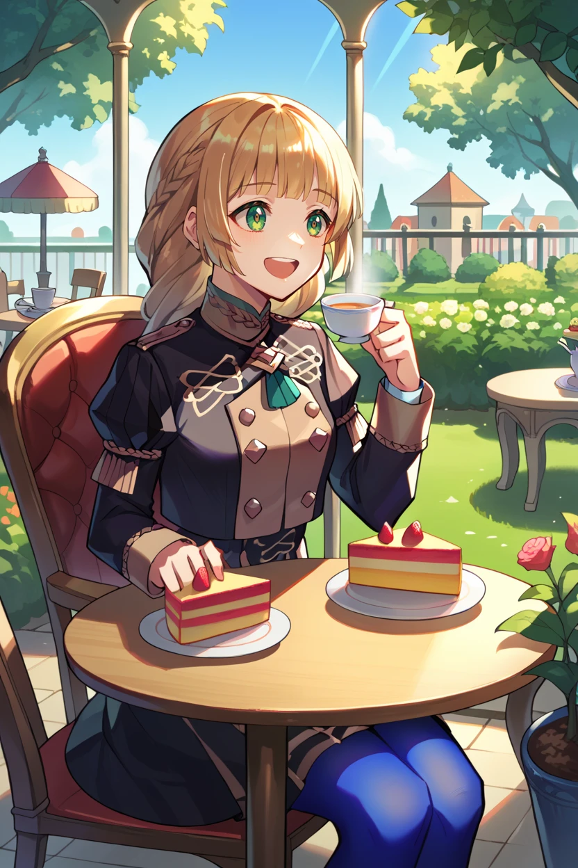 score_9, score_8_up, source_anime, 1girl <lora:ingrid-pdxl-nvwls-v1-000007:1> defingrid, bangs, braided ponytail, black jacket, black skirt, blue pantyhose, sitting, table, chair, garden, tea, cake, open mouth, smile