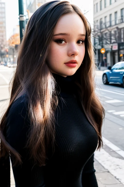 a photo of isabella110022embv2, (sharp jawline:1.2), on a city street, black turtleneck sweater, eye shadow, lipstick, looking at camera