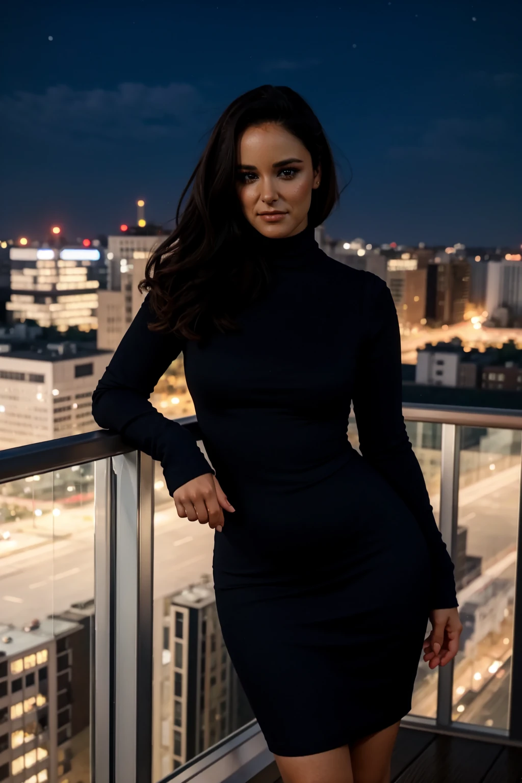 <lora:mondongo_LoRA_MelissaFumero:1> mndngwmn, wearing a turtleneck bodycon dress, on a balcony at night with city on background, (ultra realistic, 8k,high quality)