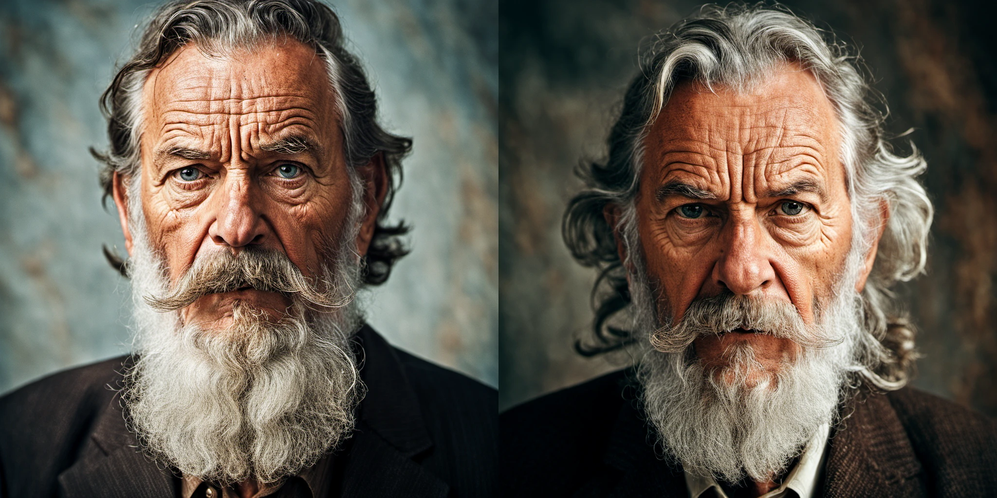 The image features an older man, a long white beard and mustache, He has a stern expression, giving the impression of a wise and experienced individual. The mans beard and mustache are prominent, adding to his distinguished appearance. The close-up shot of the mans face emphasizes his facial features and the intensity of his gaze.