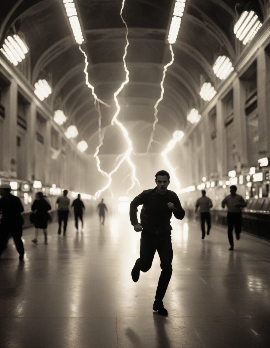 (lightning storm), A man running through Grand Central Station, people blurred, intense action, in the style of Walker Evans