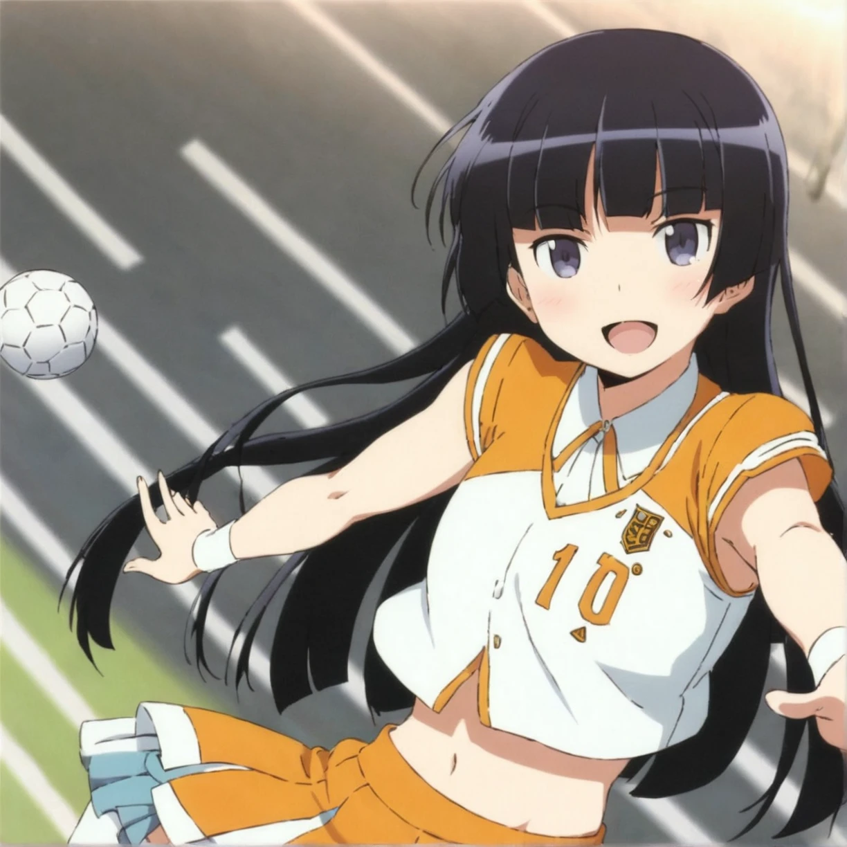 gokou ruri, <lora:ruri_pony_XL:1>, source_anime, score_9, score_6_up, score_5_up, score_4_up,  BREAK rating_safe, best quality, masterpiece, ultra-detailed, detailed, beautiful detailed eyes, beautiful detailed face, anime coloring, official style, 8K, highres,  1girl, cheerleader, jumping, open mouth, football stadium, cowboy shot