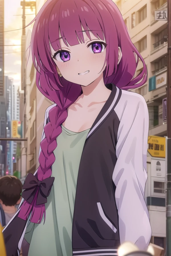 hiroikikuri, <lora:kikuri hiroi s1-lora-nochekaiser:1>,
kikuri hiroi, black bow, blunt bangs, braid, closed eyes, (purple eyes:1.1), fang, hair bow, hair over shoulder, long hair, purple hair, sidelocks, single braid, smile, grin, fangs, teeth,
BREAK black jacket, brown footwear, collarbone, dress, green dress, jacket, long sleeves, open clothes, open jacket, raglan sleeves, sandals, white sleeves,
BREAK outdoors, city, crowd, people,
BREAK looking at viewer, (cowboy shot:1.5),
BREAK <lyco:GoodHands-beta2:1>, (masterpiece:1.2), best quality, high resolution, unity 8k wallpaper, (illustration:0.8), (beautiful detailed eyes:1.6), extremely detailed face, perfect lighting, extremely detailed CG, (perfect hands, perfect anatomy),