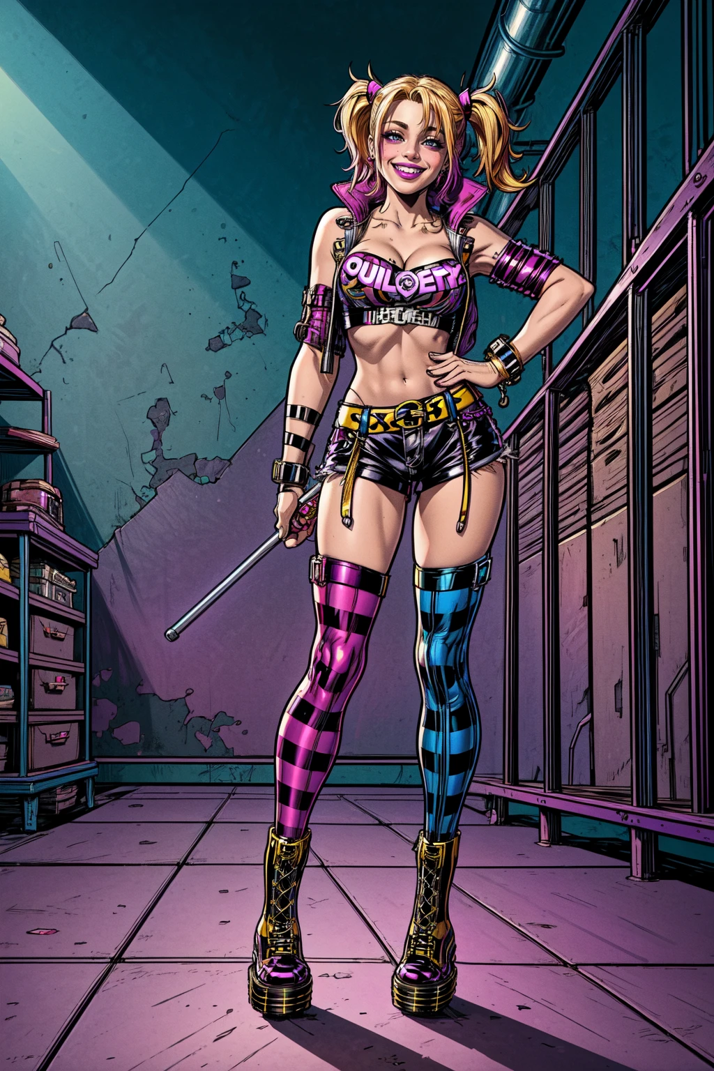 embedding:CS-PYS, (full body shot:1.3), a dirty teenager, (harley quinn:1.2), slutty, cheeky grin, poses sexy, cleavage, big tits, multicolored hair, thin, slim waist, (short shorts:1.2),  (doc_martens:1.2), 
sexy pose, industrial hall, workshop, (Clutter-Mechanical:0.5), 

embedding:OverallDetail, embedding:AS-YoungV2, 

BREAK

8k, best quality, high detail, extremely detailed, absurdres,  masterpiece,