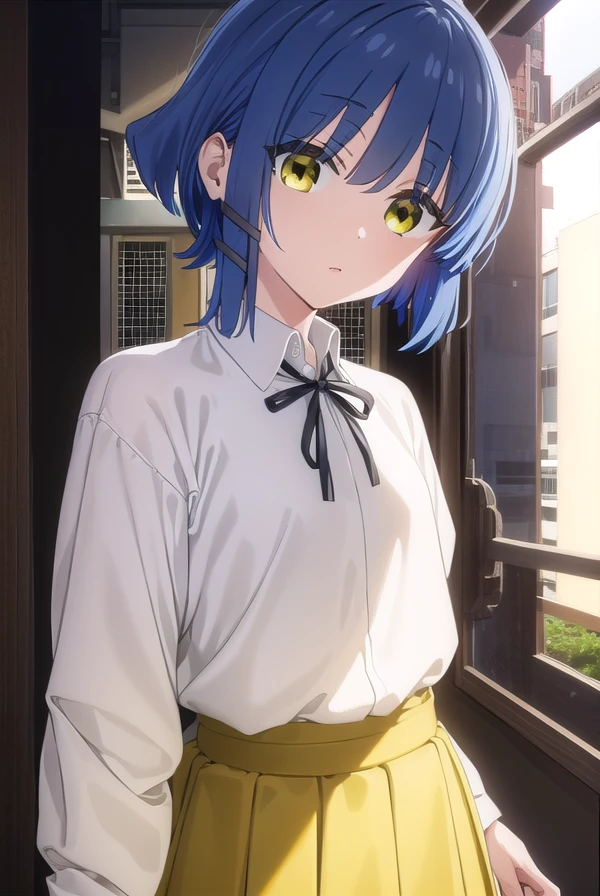 ryouyamada, <lora:ryou yamada s1-lora-nochekaiser:1>, 
ryou yamada, blue hair, eyes visible through hair, mole, mole under eye, short hair, (yellow eyes:1.3), hairclips,
BREAK black pantyhose, black ribbon, blue skirt, brown footwear, loafers, long sleeves, pantyhose, ribbon, school uniform, shimokitazawa high school uniform, shirt, shoes, skirt, white shirt,
BREAK indoors, classroom,
BREAK looking at viewer, (cowboy shot:1.5),
BREAK <lyco:GoodHands-beta2:1>, (masterpiece:1.2), best quality, high resolution, unity 8k wallpaper, (illustration:0.8), (beautiful detailed eyes:1.6), extremely detailed face, perfect lighting, extremely detailed CG, (perfect hands, perfect anatomy),