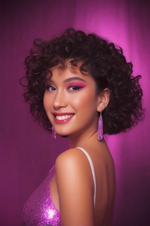 Disco nightclub background, One girl, a beautiful portrait of a cute woman, Neon lights and vibrant disco colors. High-res, masterpiece, 1girl, solo, looking at viewer, clamKim, disco ball background, simple background, portrait, upper body smile, 80s disco hair, voluminous curls, bold makeup, earrings, perfect lighting, bloom, cinematic lighting.dancing queen