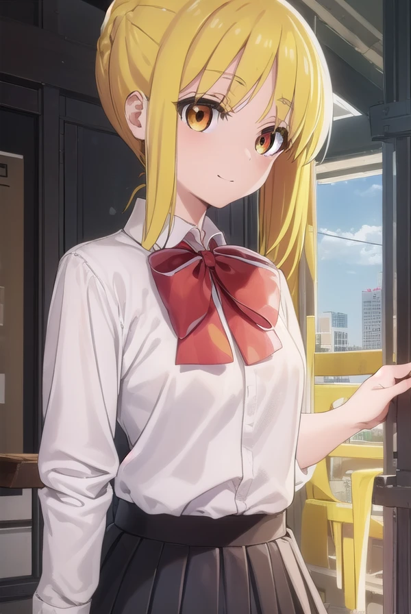 nijikaijichi, <lora:nijika ijichi s1-lora-nochekaiser:1>,
nijika ijichi, ahoge, (yellow hair:1.5), (brown eyes:1.5), long hair, side ponytail, smile,
BREAK (black skirt:1.5), bow, bowtie, collared shirt, pleated skirt, polka dot, polka dot bow, red bow, (red bowtie:1.5), red footwear, shirt, shoes, short sleeves, skirt, socks, (white shirt:1.5), white socks,
BREAK indoors, classroom,
BREAK looking at viewer, (cowboy shot:1.5),
BREAK <lyco:GoodHands-beta2:1>, (masterpiece:1.2), best quality, high resolution, unity 8k wallpaper, (illustration:0.8), (beautiful detailed eyes:1.6), extremely detailed face, perfect lighting, extremely detailed CG, (perfect hands, perfect anatomy),
