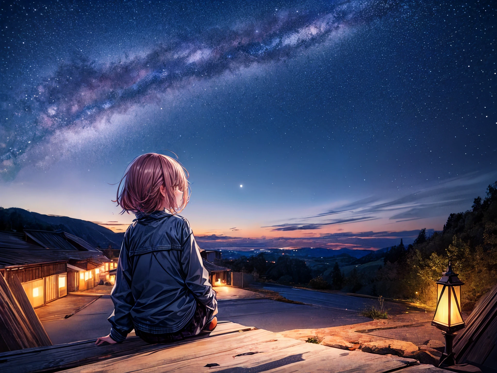 (masterpiece,ultra-detailed,best quality,8K,illustration,shaved:1.2),(petite girl:1.0) <lora:add_detail:1.5> , <lora:hoshizora:1> hoshizora,starry sky,outdoor,sitting,from behind