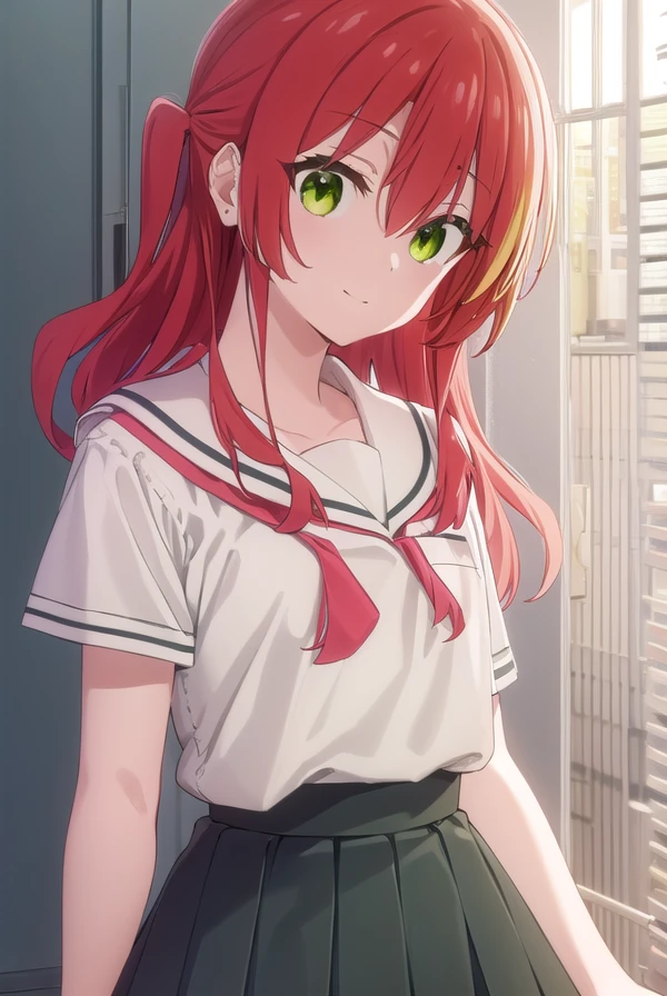 kitaikuyo, <lora:ikuyo kita s1-lora-nochekaiser:1>,
ikuyo kita, (green eyes:1.5), hair between eyes, long hair, one side up, red hair, smile,
BREAK black footwear, black skirt, grey sailor collar, pleated skirt, sailor collar, school uniform, shoes, short sleeves, shuka high school uniform, skirt,,
BREAK indoors, classroom,
BREAK looking at viewer, (cowboy shot:1.5),
BREAK <lyco:GoodHands-beta2:1>, (masterpiece:1.2), best quality, high resolution, unity 8k wallpaper, (illustration:0.8), (beautiful detailed eyes:1.6), extremely detailed face, perfect lighting, extremely detailed CG, (perfect hands, perfect anatomy),