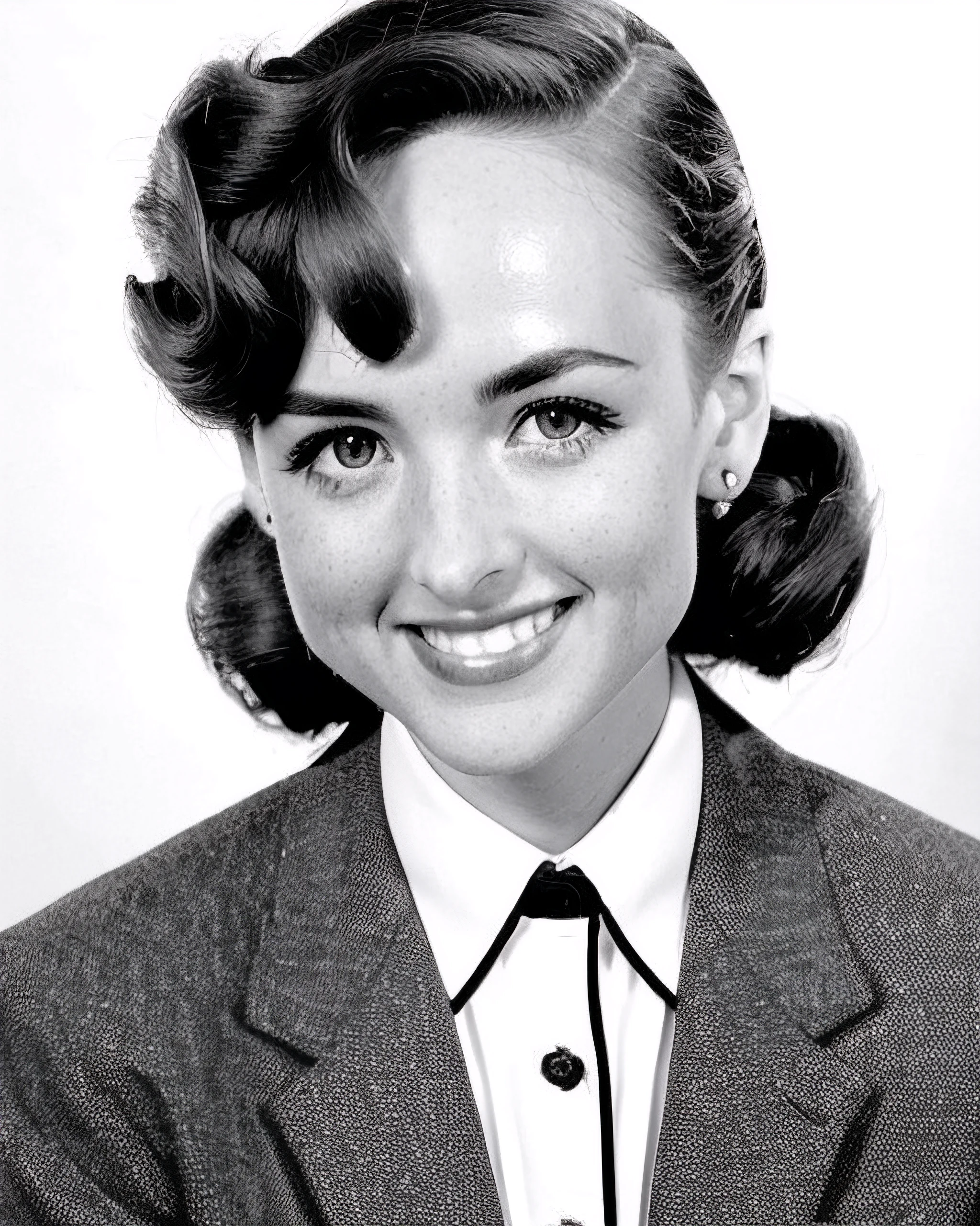 danni ashe, monochrome, portrait, 1940's hairdo, formal hairstyle, flirty, smile, (looking at viewer)