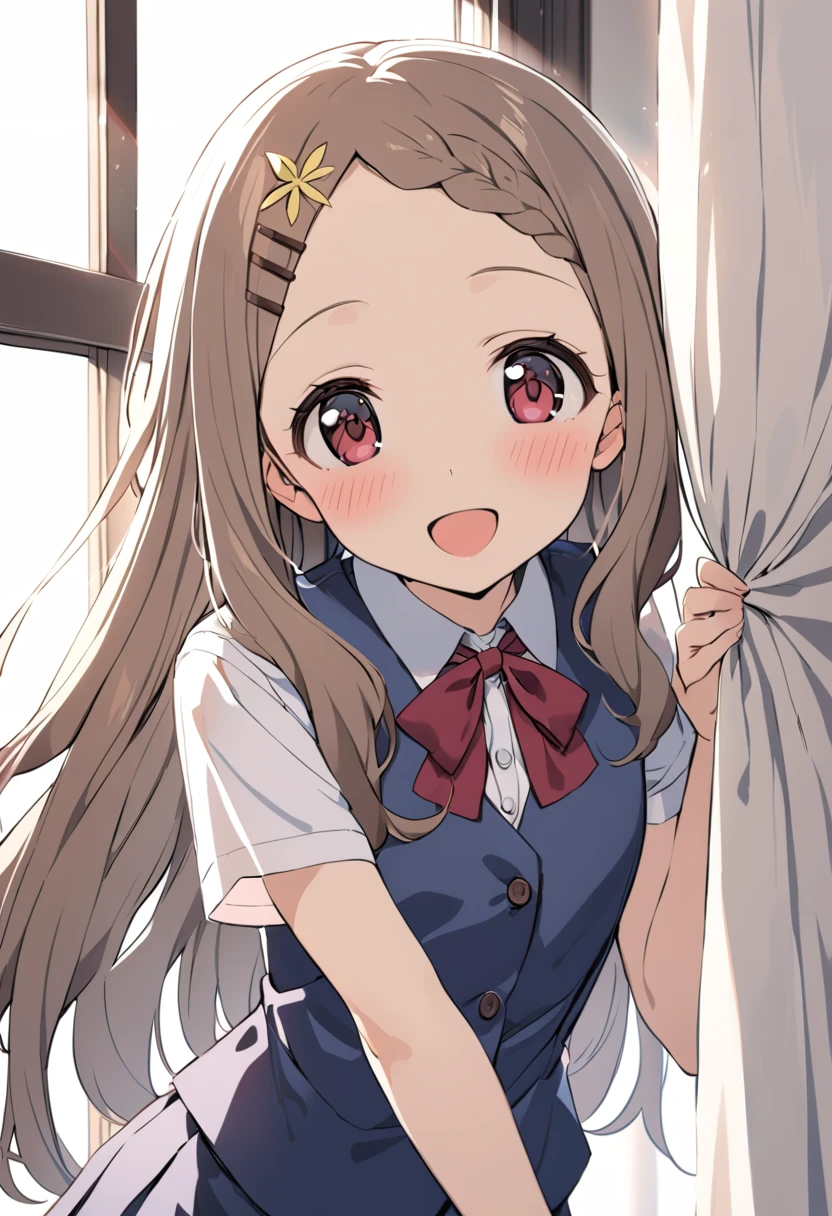 1girl, aoba kokona, solo, open mouth, smile, curtains, brown hair, braided bangs, looking at viewer, hairclip, :d, short sleeves, blush, white shirt, school uniform, window, curtain grab, blue vest, indoors, collared shirt, red eyes, blue skirt, peeking out, neck ribbon, forehead, very long hair, red neckwear, red ribbon, hair flower, flower, red bow, upper body, transparent, pleated skirt, black vest, day, leaning forward, backlighting, grey hair, sunlight, dress shirt, pink eyes, brown eyes, standing, hand up, parted bangs, buttons, masterpiece, best quality <lora:aoba_kokona_sdxl_locon_ani_v1:0.7>