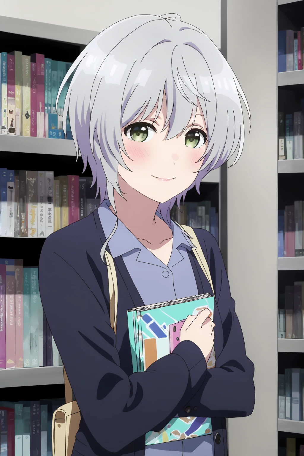 ((best quality)),((highly detailed)),masterpiece,absurdres,detailed face,beautiful face,(detailed eyes, deep eyes),1girl,((dynamic pose)) , <lora:FuukaV1:0.7>, Fuuka, solo, green eyes, shirt, book, smile, holding, bag, short hair, indoors, upper body, grey hair, collared shirt, jacket, bookshelf, closed mouth, holding book, blue shirt, long sleeves, bangs, hair between eyes, buttons, open clothes, collarbone, ahoge, blue jacket, cardigan, library, handbag, blush, light smile, black jacket