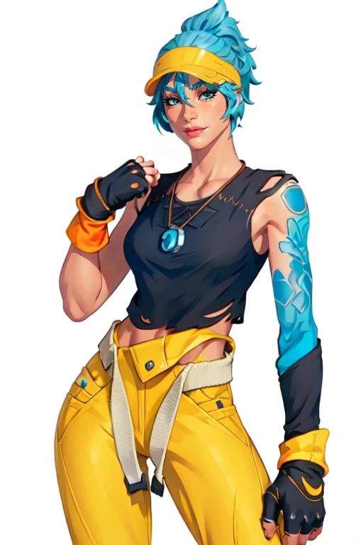 masterpiece,best quality,face detail,extreme detail,8k,white background,<lora:Comet:0.8>,cometfn,1girl,solo,looking at viewer,short hair,bangs,shirt,gloves,jewelry,closed mouth,blue hair,cowboy shot,fingerless gloves,necklace,lips,torn clothes,tattoo,single glove,nose,visor cap,single sleeve,single fingerless glove,yellow pants,standing pose