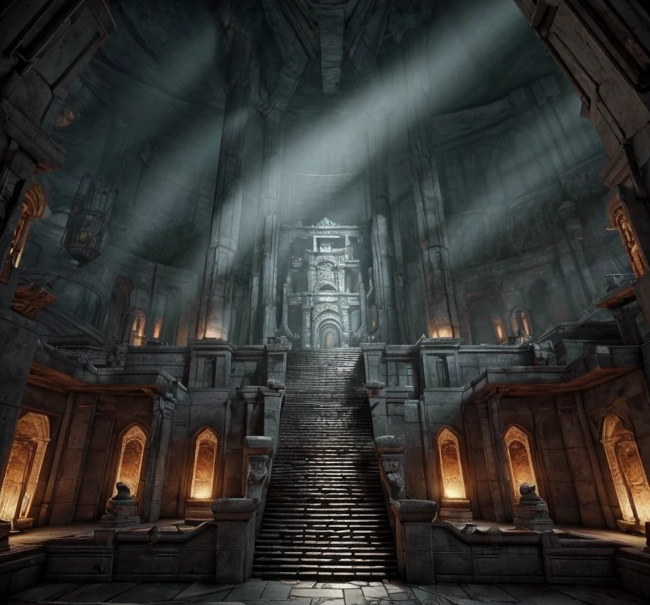 (masterpiece:1.2), (best quality,:1.2), 8k, HDR, ultra detailed, ((photorealistic)), professional light, cinematic lighting, fashion photography, ambient lighting, atmospheric effects, a large sinister dwarven throne room underground, elaborate and intricate throne, magical lights, columns, DwaRe, <lora:DwarvenRealms-10:1>, in the style of Tolkien, Middle Earth, Moria, epiCPhoto