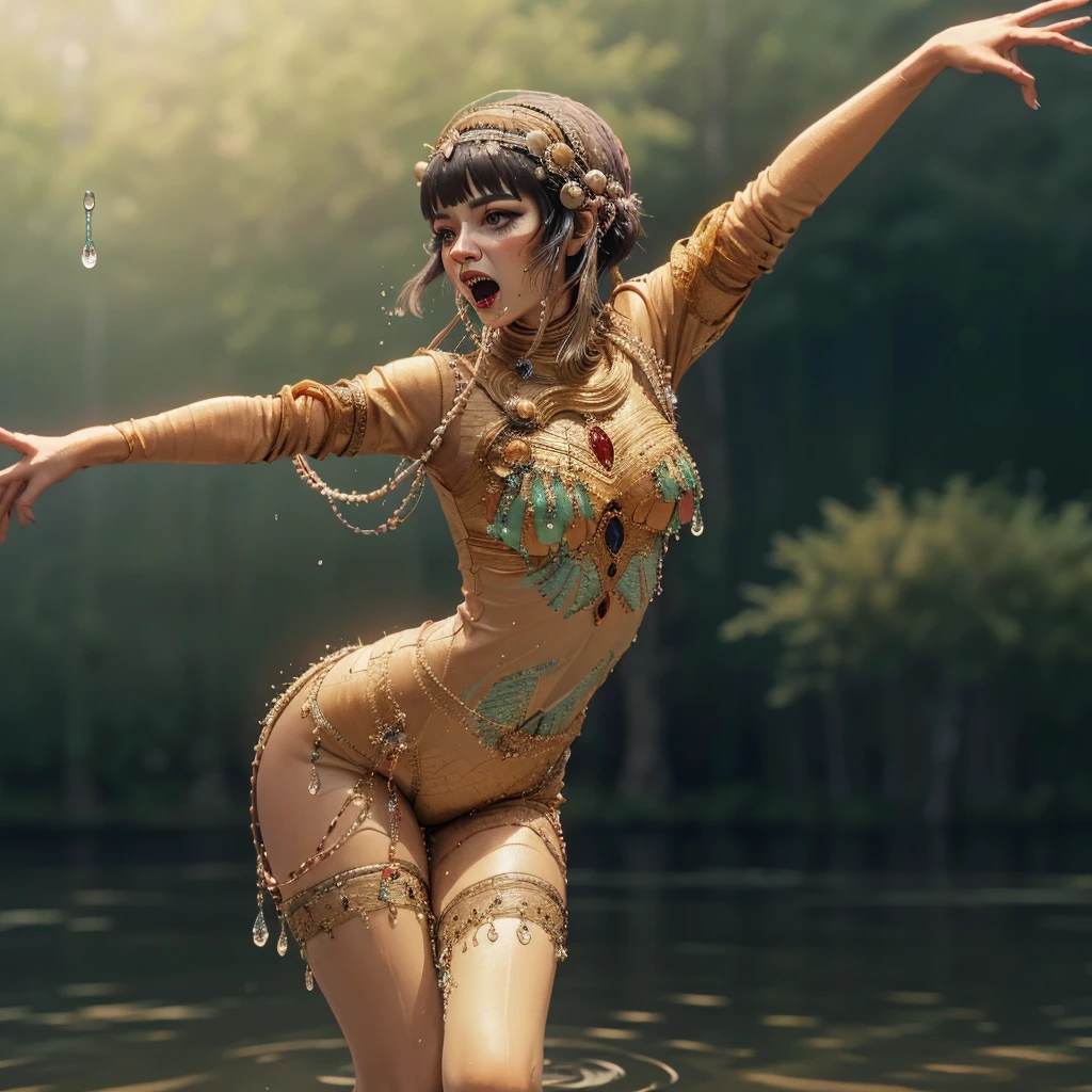 j3nn1f3rti4a as j1b4r0 <lora:Jibaro_-_Love_Death__Robots:1> (dancing sinuously, twirling, action shot, singing, motion blur:1.5),perspective, foreshortening, needle teeth,  spraying water droplets, , waves, ripples, body dripping with jewels, dancing in lake, body reflected in water, alluring, beguiling, suggestive, glints off water, depth of field, selective focus, f1.2, bokeh,  heavy makeup, breasts, blunt bangs, sexy body, vivid colors, slender, flexible, depth of field, CGI, 3D render, trees in background, wilderness,