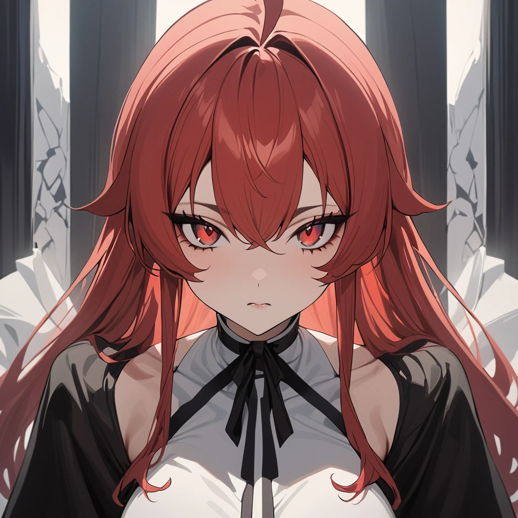 (best quality, masterpiece:1.4), <lora:ERIS_GREYRAT:0.8>, eris greyrat, long red hair, black and white dress, focused, black eyeliner, looking at viewer, ahoge, from front, red eyes