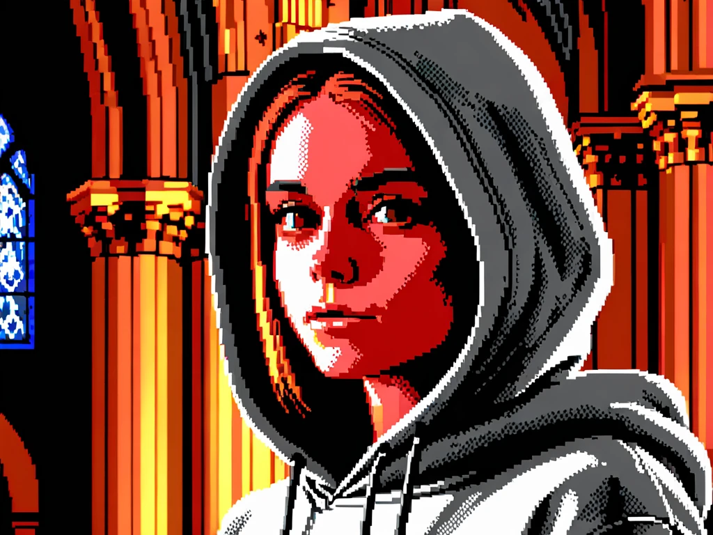 dosegagfx style ,portrait girl wearing a hoodie, lateral light, cathedral,simple <lora:dosegagfxSDXLv4:1>