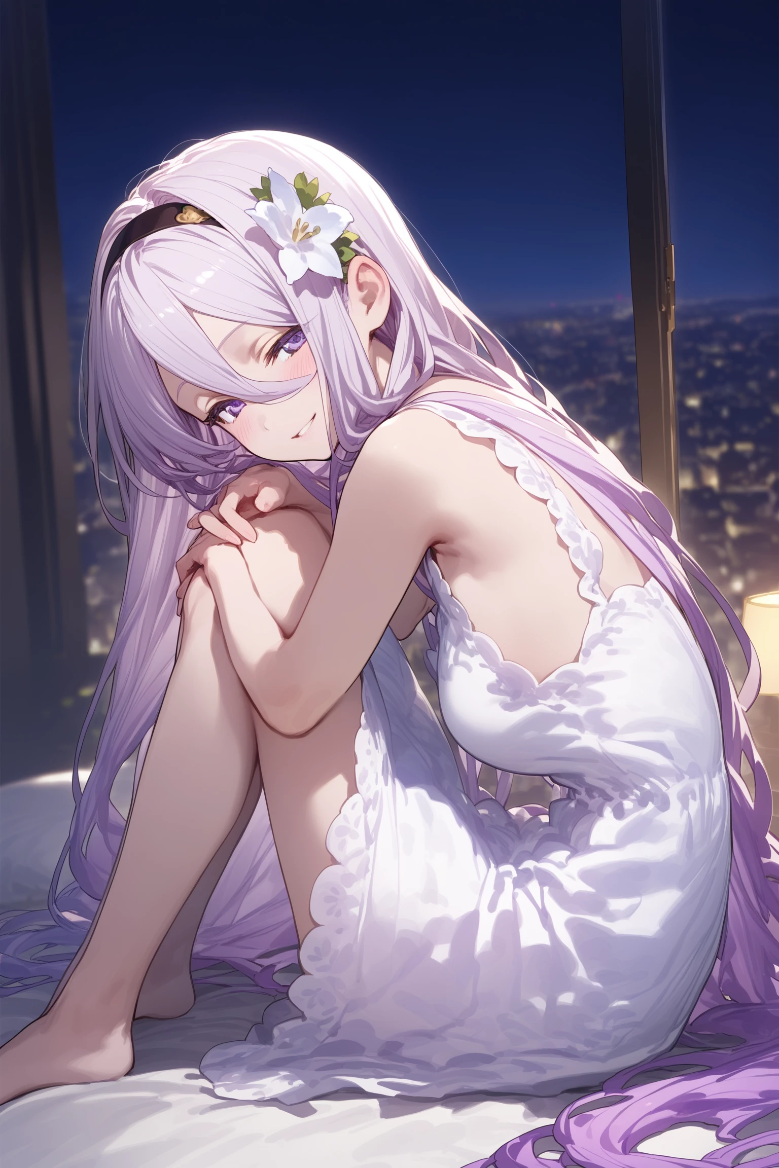 narmaya (granblue fantasy),Sit with knees bent,kantoku,[mika_pikazo],sy4,modare,[wanke],ningen_mame,Hiten,{tianliang_duohe_fangdongye},year_2023,from side,look at viewer,head on knees,1girl,smlie,hand on,
lip,sitting,white hair,solo,night dress,looking at viewer,purple eyes,half closed eyes,blush,bedroom,depth of field,hair band,hair flower,off light,window,city,moonlight,blurry background,boketh,<lora:NAI3-T:1>,