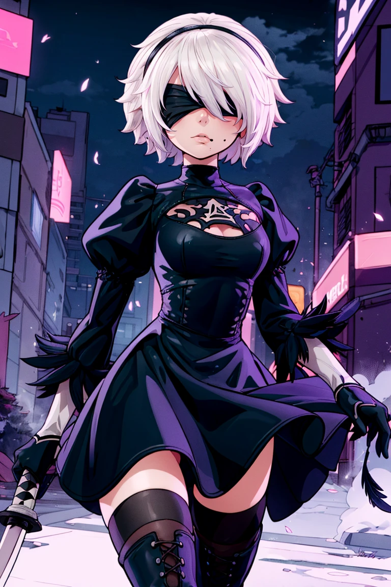 0((masterpiece,best quality)), absurdres, hm2b, black blindfold, covered eyes, mole under mouth, clothing cutout, long sleeves, puffy sleeves, juliet sleeves, feather trim, black thighhighs, black gloves, black dress, black skirt, thigh boots, <lora:y2b_v2-1:0.7>, holding weapon, katana, night, cyberpunk,