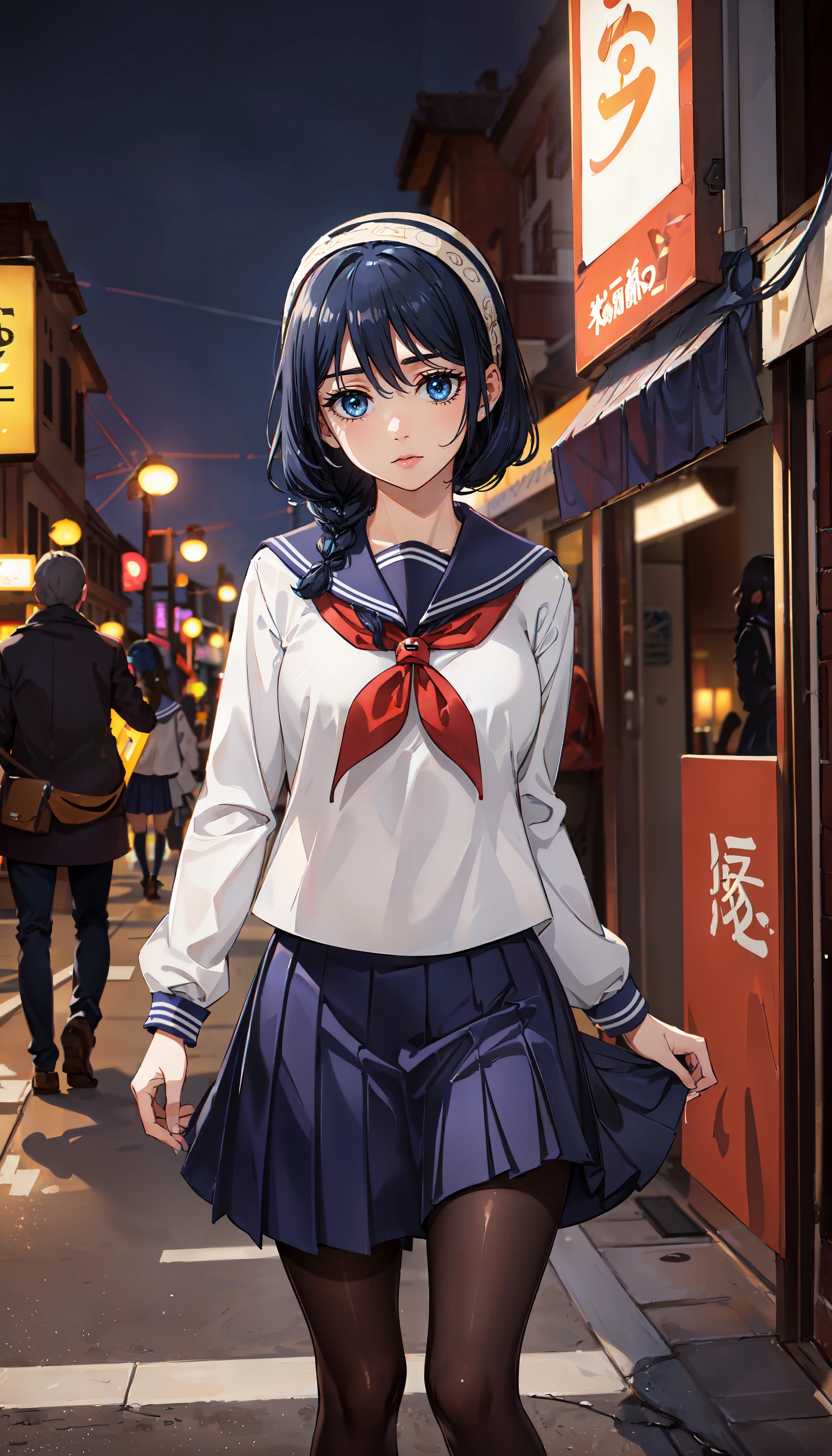 photorealistic, (4k), depth of field, (Masterpiece), (realistic skin texture), extremely detailed, intricate, hyper detailed, professional photography, bokeh, high resolution, sharp detail, best quality, girl, blue hair, single braid, blue eyes, school uniform, serafuku, white hairband, blue pleaded skirt, pantyhose, <lora:GoodHands-beta2:0.4>, <lora:detail_slider_v4:0.8> , dynamic pose, (spread arms), <lora:Riko Amanai-000004:0.6> , raining, modern city, (night:1.3), reflective floor, (neon lights),