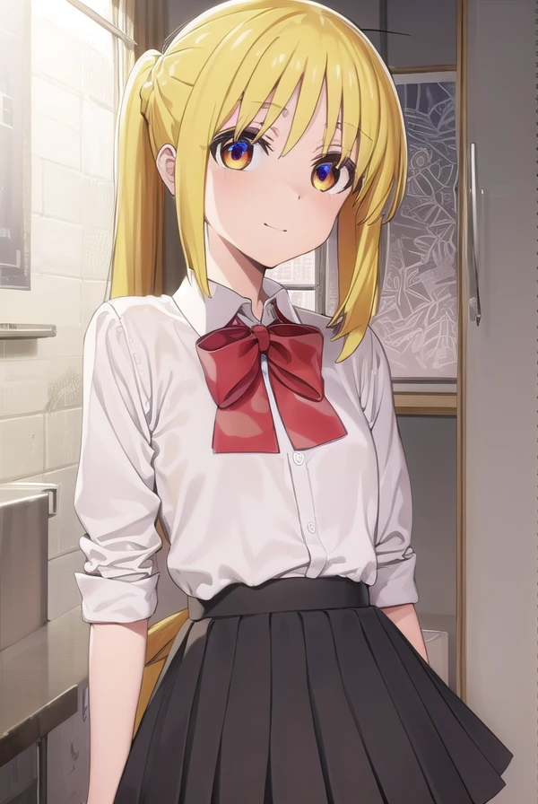 nijikaijichi, <lora:nijika ijichi s1-lora-nochekaiser:1>,
nijika ijichi, ahoge, (yellow hair:1.5), (brown eyes:1.5), long hair, side ponytail, smile,
BREAK (black skirt:1.5), bow, bowtie, collared shirt, pleated skirt, polka dot, polka dot bow, red bow, (red bowtie:1.5), red footwear, shirt, shoes, short sleeves, skirt, socks, (white shirt:1.5), white socks,
BREAK indoors, classroom,
BREAK looking at viewer, (cowboy shot:1.5),
BREAK <lyco:GoodHands-beta2:1>, (masterpiece:1.2), best quality, high resolution, unity 8k wallpaper, (illustration:0.8), (beautiful detailed eyes:1.6), extremely detailed face, perfect lighting, extremely detailed CG, (perfect hands, perfect anatomy),