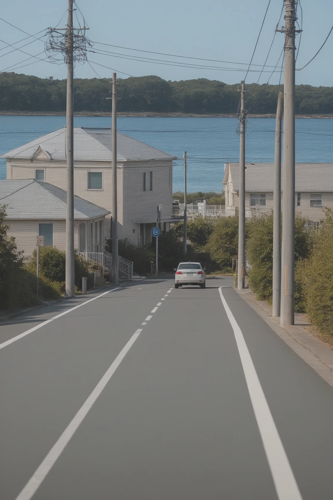 <lora:Anchestreet-V1:0.7>,anchestreet, no humans, outdoors, ground vehicle, scenery, sky, ocean, road, railing, utility pole